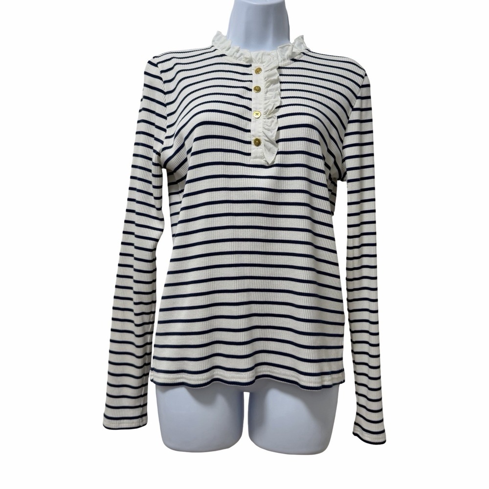 J Crew Womens Ruffle Collar Rib Long Sleeve Shirt Size L Striped Breton Nautical